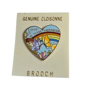 Vintage Genuine Cloisonne Brooch Gold Tone Heart